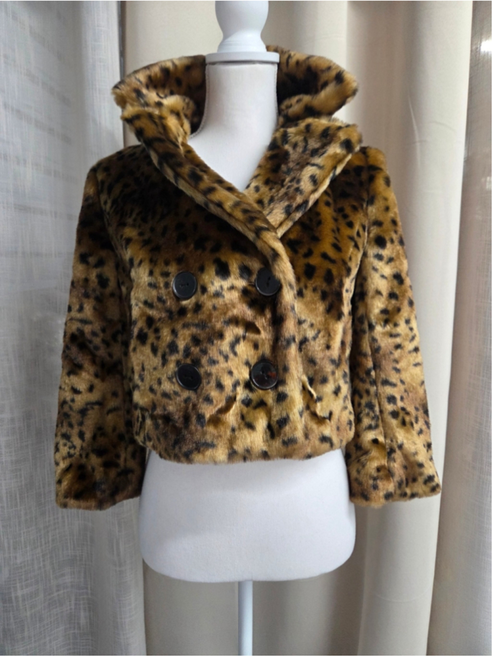 Loft Faux Fur Jacket Women Small Leopard Crop Y2K Indie Sleeze McBling Mob Sz XS